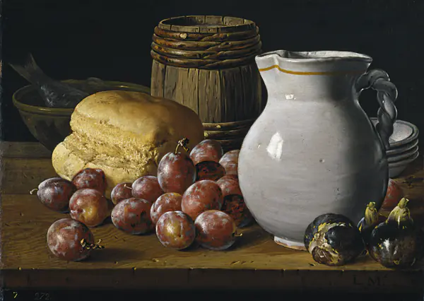Bodegón de Luis Meléndez con ciruelas, higos, pan y una jarra