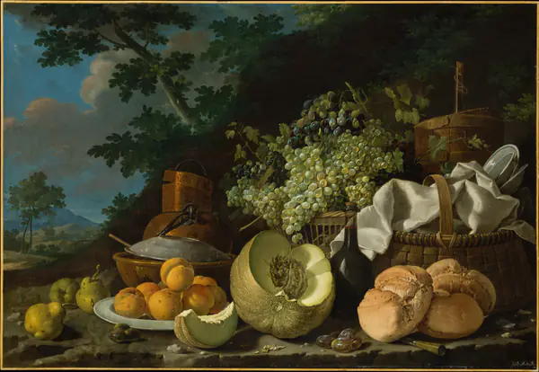 La merienda, de Luis Meléndez: frutas, pan y cestos en el campo